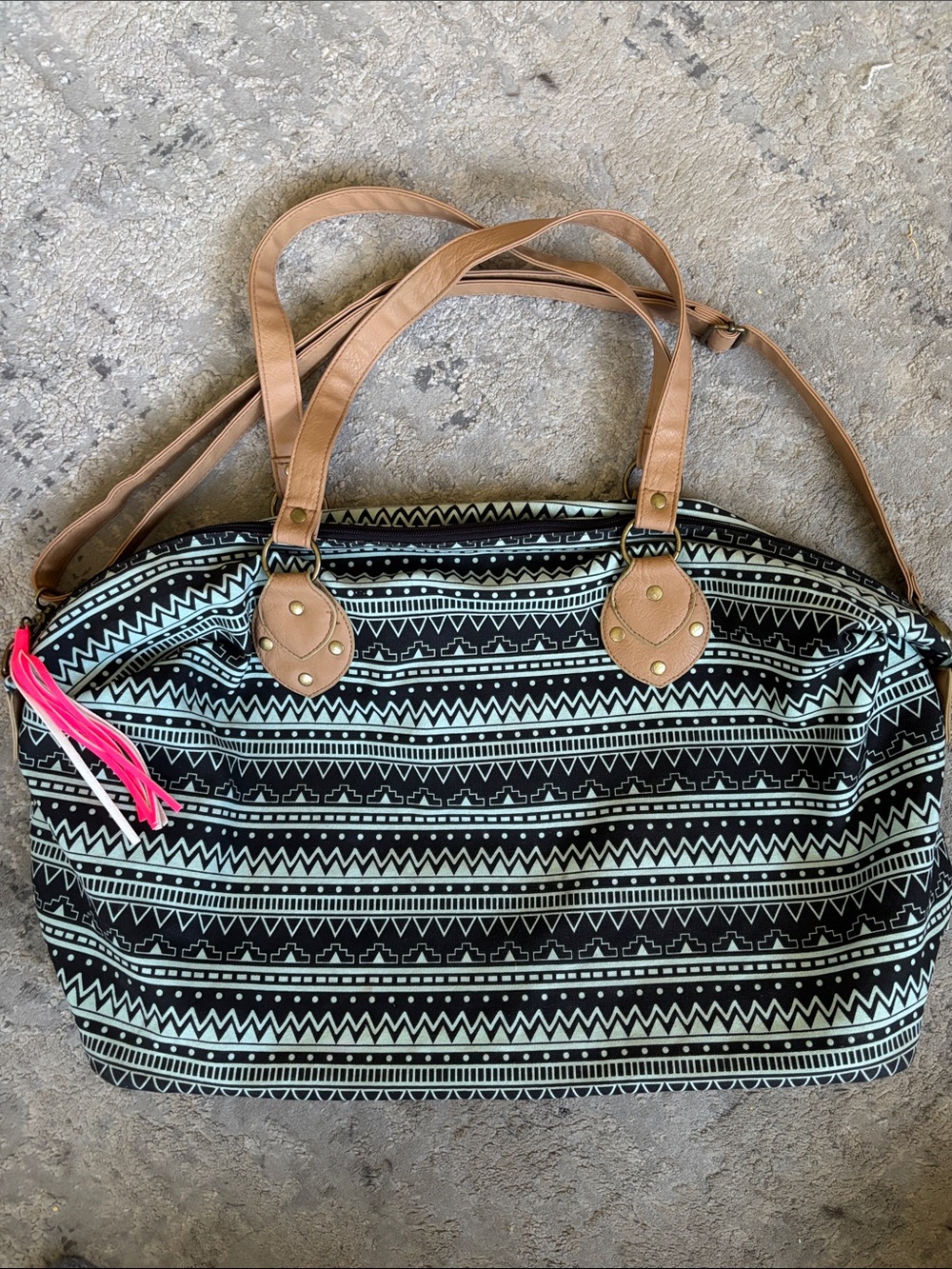 Y2K Mossimo Supply Co. Black and Mint Tribal Tote with Tan Handles Pink Tassel